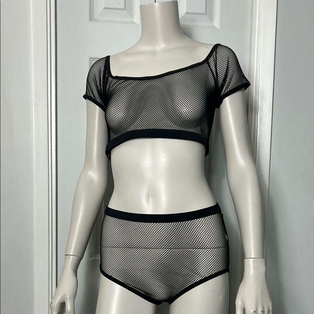 Sexy Black Fishnet Crop Top and Panty Set.